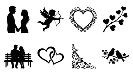 Fototapeta premium Romantic black silhouette set including couple, cupid, hearts, birds, and floral ornaments isolated. Valentine and wedding decoration collection.