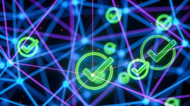 Abstract digital backdrop showcasing luminous green checkmarks within circles, interconnected by network of blue and purple lines,ideal for business, technology,innovation to convey validation