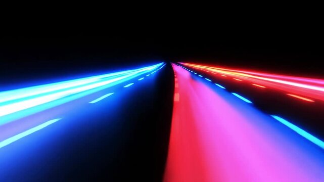 Neon light trails on a dark highway. Futuristic digital road lines for virtual reality or abstract speed visualization.