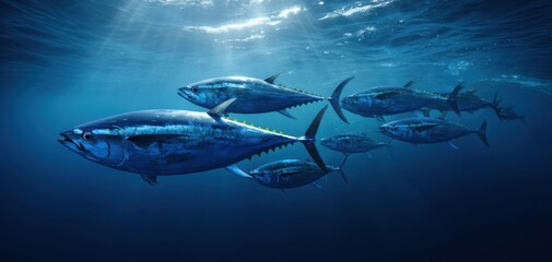 Obraz premium The Tuna School Swimming Through Sunlit Deep Blue Ocean Waters at Dawn
