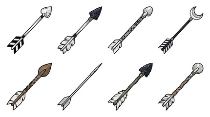 Naklejka premium Ancient archery arrow set including flint, bone, crescent, and decorative heads isolated. Traditional hunt and combat equipment collection.