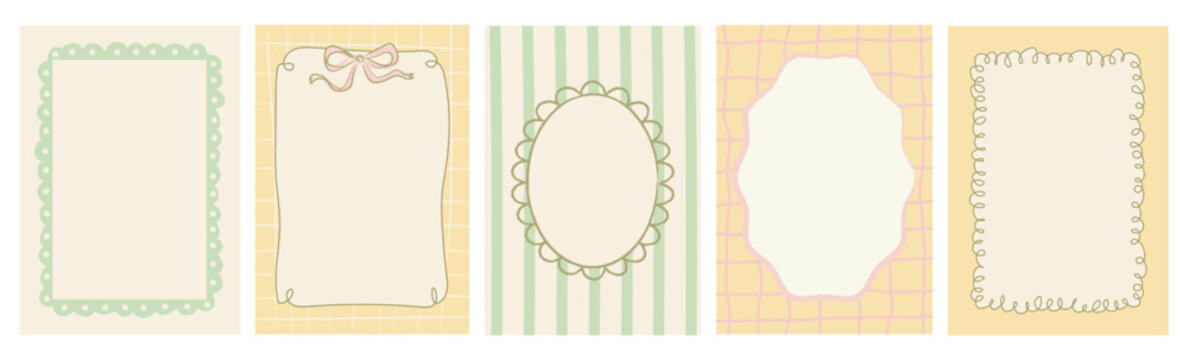 Pastel Easter and springtime card set with hand-drawn imperfect sketch borders, scallops, bows, stripes and grids in vintage colors. Coquette stationery, scrapbooking, notes, printable greeting cards.