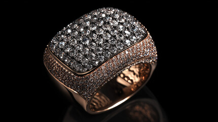 A stunning luxury gold ring encrusted with numerous brilliant diamonds, showcasing exquisite craftsmanship and premium elegance on a dark, reflective background.