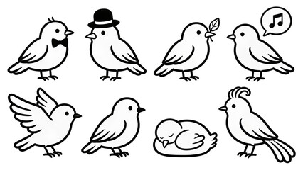 Obraz premium Little bird set including singing, flying, sleeping, hatted, and crested variants isolated. Cute nature and animal illustration collection.