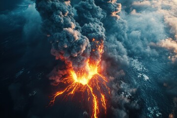 Obraz premium Massive volcanic eruption creates thick smoke and flowing lava over landscapes