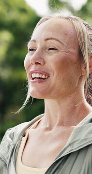 Breathing, fitness and woman with smile, outdoor and relax for wellness, stress relief and exercise. Calm, nature and person in park, workout and routine for healthy lungs, balance and reflection