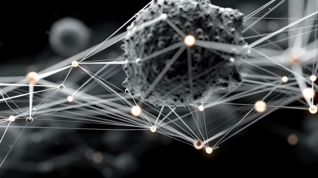 Abstract digital rendering depicting interlinked cells and glowing nodes in a network, illustrating concepts of modern technology and communication. a futuristic, monochromatic design showcasing compl