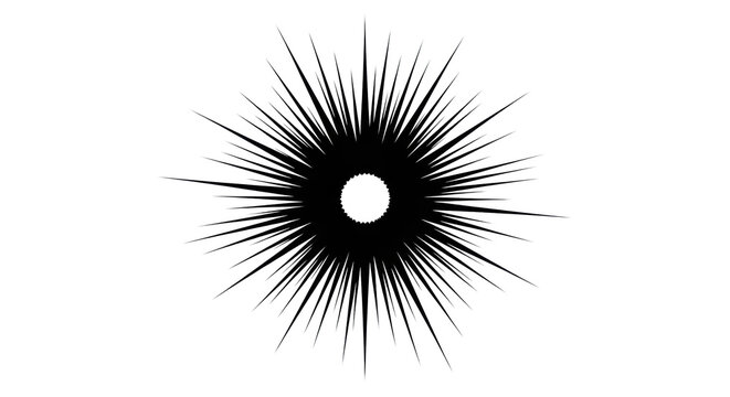Abstract graphic, matte black starburst with sharp, angular points and a white circular void, intensely radiating on a transparent background with copy space, concept of explosive impact and dynamic