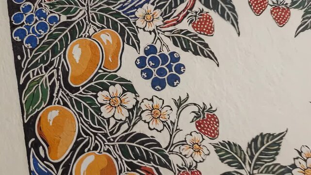 The image showcases colorful fruits such as mangoes and blueberries among green leaves. Flowers are also present, creating a vibrant scene of nature's bounty.