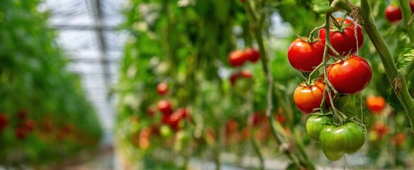 The Tomato Cluster on a Vine in a Sunny Commercial Greenhouse Growing in Rows