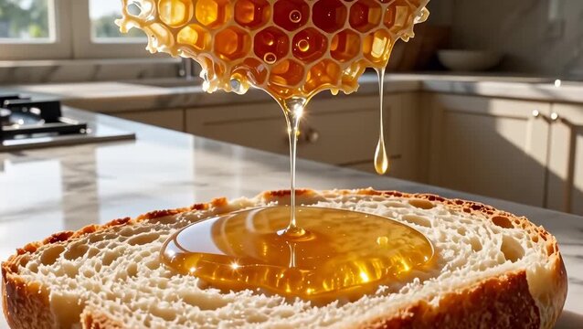 Honey Dripping from Honeycomb onto Freshly Sliced Bread