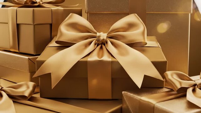 The scene features multiple gold-colored gift boxes stacked together. Each gift box is adorned with a ribbon, creating a festive appearance with an elegant atmosphere.