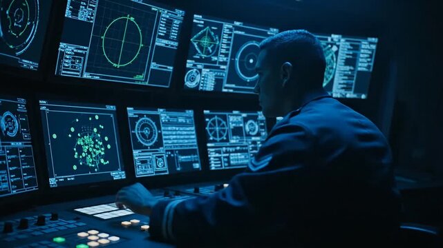 Operator working with computer screens displaying data in dimly lit interior