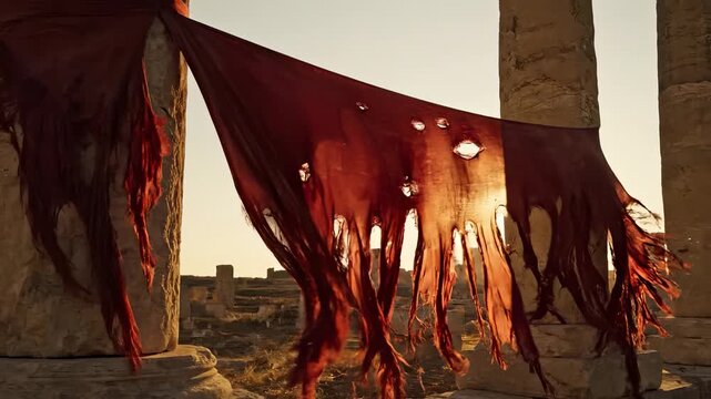 The scene features a tattered red fabric hanging between stone pillars. The red fabric displays frayed edges and holes, contrasting with the warm light of the setting sun.