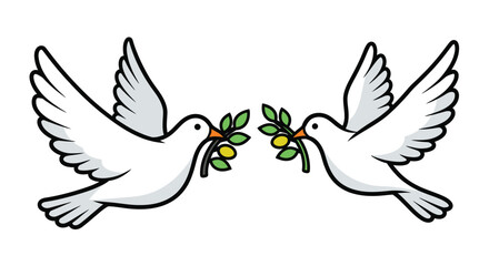 Obraz premium Two white doves facing each other with olive branches in their beaks