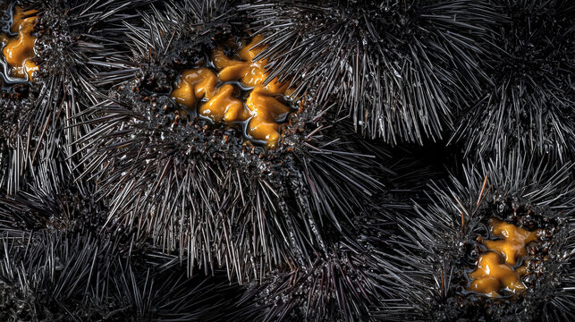 Erizos de mar frescos abiertos sobre fondo oscuro, Manjar de erizos de mar premium gastronom&iacute;a de alta gama, Fondo oscuro de erizos para publicidad de restaurante gourmet