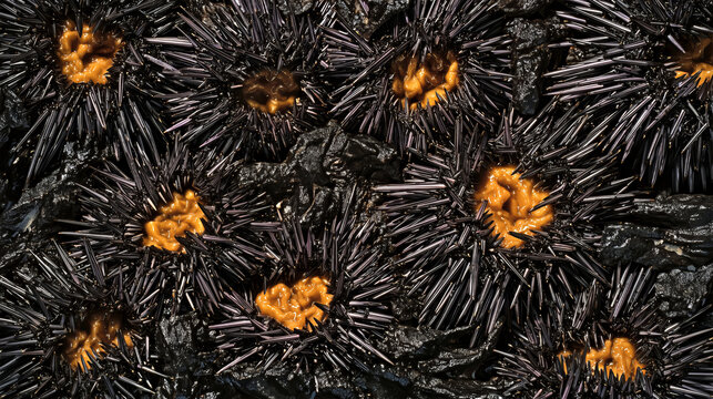 Fondo de publicidad de mariscos premium con erizos de mar, Gastronom&iacute;a marina de lujo erizos de mar para chefs, Mockup de textura marina erizos con huevas para texto
