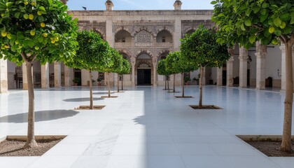 Obraz premium Damascus Courtyard Light. Islamic Culture – Building and Architecture. Sunlight creates sharp contrasts between the central lemon trees, the marble floor, and the decorated archways. 