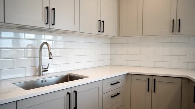 Modern kitchen interior with clean white subway tile backsplash and stainless steel appliances, overhead microwave