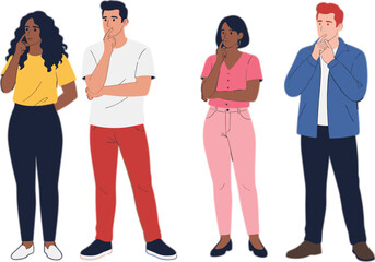 Fototapeta premium People thinking and making decisions illustration with diverse men and women in casual outfits, thoughtful poses concept for psychology and problem solving vector