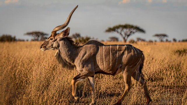 Majestic Kudu Strides Through Golden Savannah: A Wildlife Portrait of Grace and Power, Evoking the Untamed Beauty of the African Landscape Under a Clear Sky