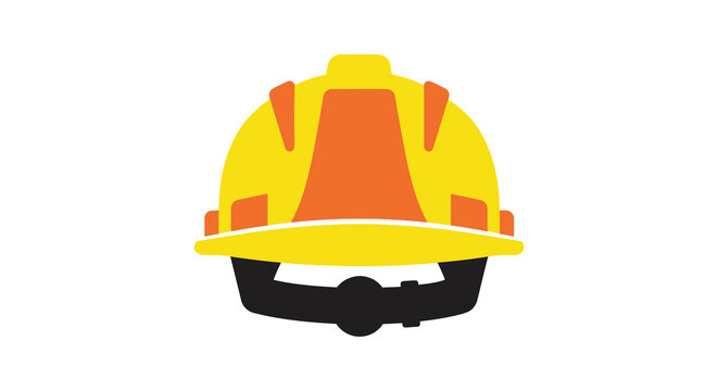 A brightly colored yellow and orange hard hat is prominently displayed against a stark white background creating a bold silhouette