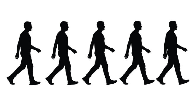 A line of six men depicted in a walking sequence showcasing the phases of human locomotion a striking silhouette