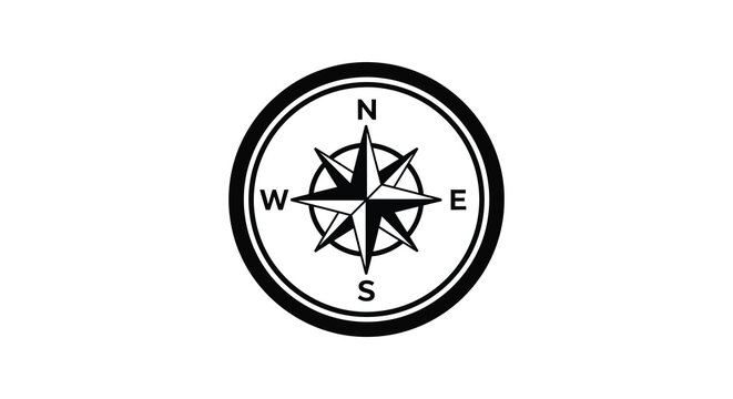 A circular compass rose design displays cardinal directions with a prominent needle pointing north presented as a bold silhouette