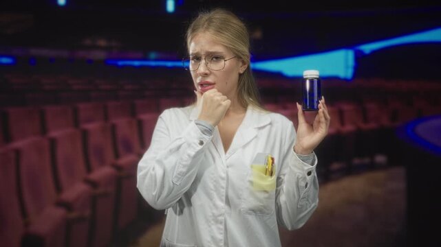 Blonde woman in white lab coat and glasses holds blue pill bottle and places fist to mouth in studio; concern safety.