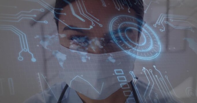 Doctor donning mask then stethoscope appearing while medical holographic data overlaying face