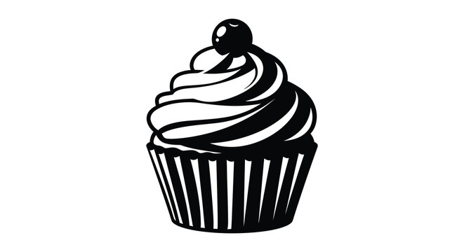 A detailed black and white illustration depicts a frosted cupcake with a cherry on top presented as a silhouette high quality professional