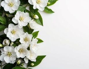 Delicate white flowers on a white background. Spring frame. Space for text. Color of the Year 2026, Cloud Dancer.