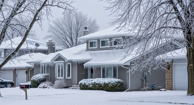 Residential house covered in heavy snow and ice after a winter storm. Frozen trees and long icicles hanging from the roof. Cold weather and freezing rain concept
