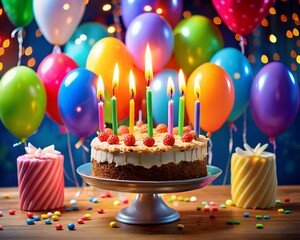 Happy Birthday Celebration with Balloons Candles and Cake