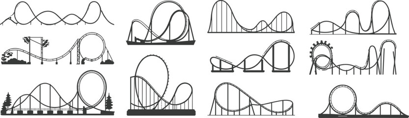 Collection of black silhouette roller coaster amusement park rides with loops and drops against a white background showcasing thrilling extreme fun © Sarjia Worlds