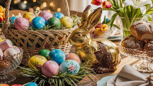 The scene features a festive Easter table with colorful eggs and a golden bunny. A woven basket holds decorated eggs, while flowers and pastries enhance the holiday atmosphere.