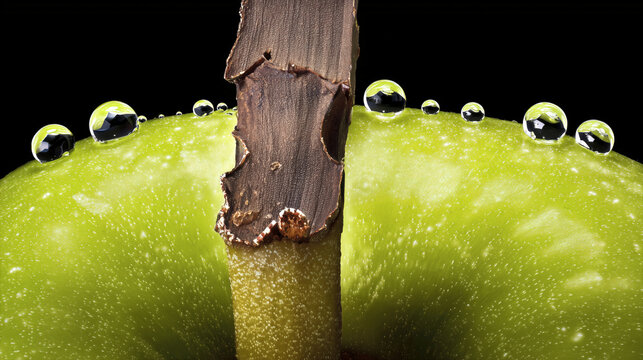 Manzana verde con gotas de agua y tallo sobre fondo negro, Fruta fresca de alta gama con roc&iacute;o natural dise&ntilde;o elegante, Fotograf&iacute;a macro de la naturaleza gotas de agua en fruta verde