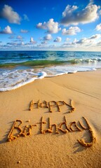 Fototapeta premium Happy Birthday Message Written in Sand on Beach 