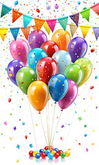 Happy Birthday banner with color balloons and confetti on white background.