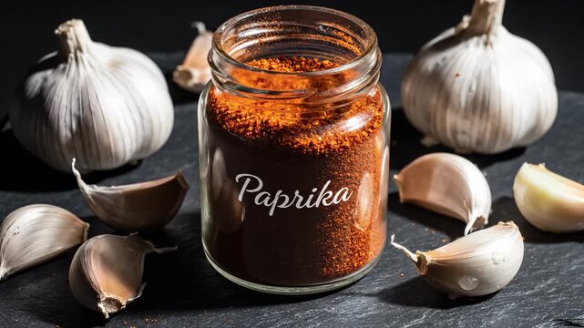 The scene features a glass jar of paprika surrounded by garlic cloves. The paprika is prominently displayed beside the garlic, highlighting the ingredients.