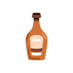 Strong alcohol bottle. Alcoholic drink icon. Whiskey, brandy beverage in premium craft packaging. Cognac, liquor for bar, party, holiday. Flat vector illustration isolated on white background