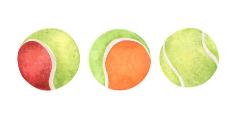 Three tennis balls stages red orange green watercolor