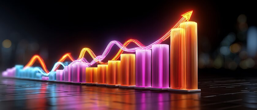 Business growth chart with rising candles and neon light trails on dark background for financial success analysis