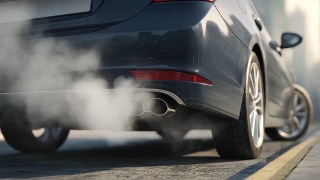 Dark luxury black sedan rear dual exhaust emitting dense white smoke and cold morning vapor urban asphalt street with reflective taillight, alloy wheel and tire visible, moody atmosphere