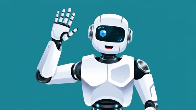 A cheerful robot waves its hand in a friendly manner. The robot features a white and black design, with a large blue eye and a playful expression.