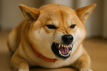 怒りをあらわにする柴犬の表情
