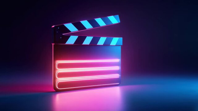 Neon clapperboard glowing pink and blue light reflective surface evokes cinematic energy and creative mood, film clapper, clapperboard, movie slate, neon light, neon sign, cinematic, film production