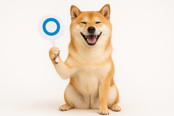 マル印を掲げて笑う柴犬
