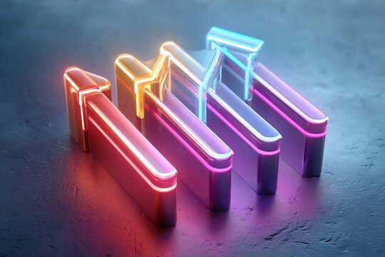 Neon growth letters MTI glowing on dark futuristic surface for business success and time management concept