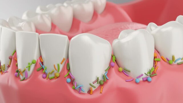 Bacteria and plaque build up on human teeth and gums, causing tooth decay and gum disease.